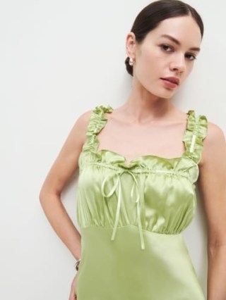 Reformation Erdem Silk Dress in Yucca – silky green ruffle trimmed slip dresses – women’s luxury vintage style clothing ~ luxe fashion - flipped