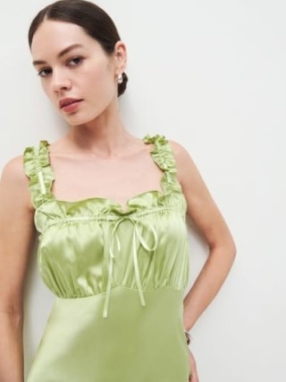 Reformation Erdem Silk Dress in Yucca – silky green ruffle trimmed slip dresses – women’s luxury vintage style clothing ~ luxe fashion
