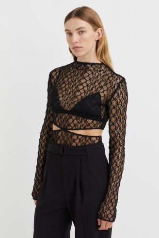 CAMILLA AND MARC Eros Lace Long Sleeve Bodysuit in Black – sheer cut out bodysuits – waist cutouts - flipped