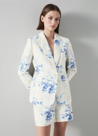 L.K. BENNETT Fleur Blue and White Linen-Cotton Meadow Scene Blazer / women’s floral blazers / womens luxury summer jackets