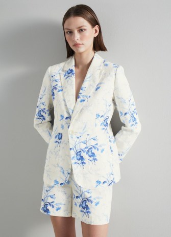 L.K. BENNETT Fleur Blue and White Linen-Cotton Meadow Scene Blazer / women’s floral blazers / womens luxury summer jackets - flipped