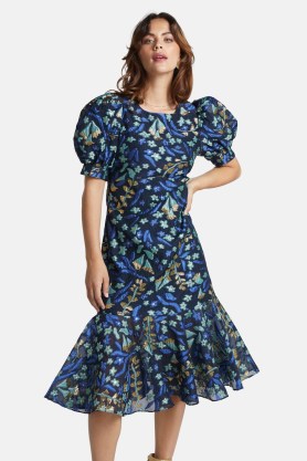 gorman Freshly Cut Jacquard Dress / women’s tonal blue floral print dresses / womens metallic detail clothes / short balloon sleeves / flared tiered hem - flipped