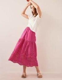 Boden Full Broderie Skirt in Festival Pink – women’s cotton summer skirts – tiered – cut out details