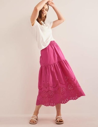 Boden Full Broderie Skirt in Festival Pink – women’s cotton summer skirts – tiered – cut out details - flipped