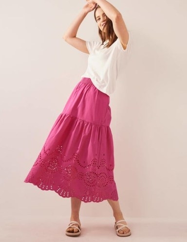 Boden Full Broderie Skirt in Festival Pink – women’s cotton summer skirts – tiered – cut out details