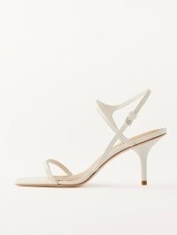 Reformation Genni Strappy Skinny Heel Sandal in White Patent ~ square to evening sandals ~ women’s luxury footwear ~ womens leather occasion shoes