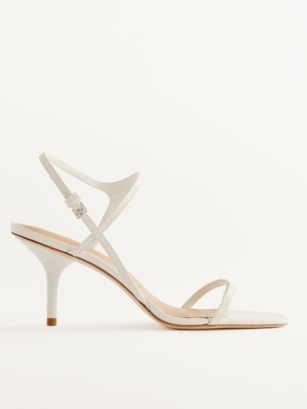 Reformation Genni Strappy Skinny Heel Sandal in White Patent ~ square to evening sandals ~ women’s luxury footwear ~ womens leather occasion shoes - flipped