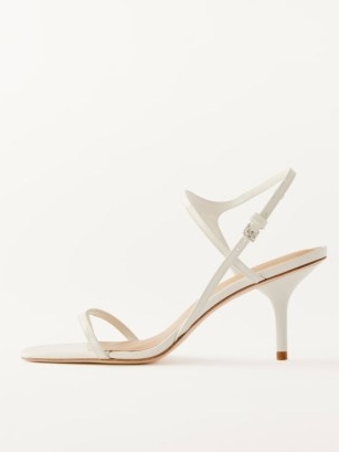 Reformation Genni Strappy Skinny Heel Sandal in White Patent ~ square to evening sandals ~ women’s luxury footwear ~ womens leather occasion shoes