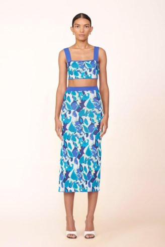 STAUD GIOVANNI SKIRT in PACIFIC PARADISE | blue printed pencil midi skirts - flipped
