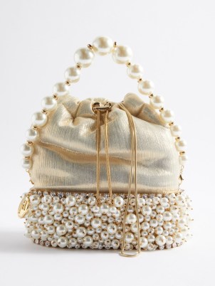 ROSANTICA Osiris faux pearl-embellished gold lamé clutch bag ~ luxury occasion bags ~ small luxe evening handbags covered in pearls - flipped
