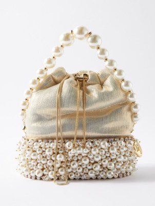 ROSANTICA Osiris faux pearl-embellished gold lamé clutch bag ~ luxury occasion bags ~ small luxe evening handbags covered in pearls
