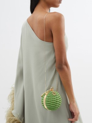 ROSANTICA Alice Armadillo crystal-embellished handbag in green / luxury woven orb shaped crossbody / luxe occasion bags / small ball silhouette evening event handbags - flipped