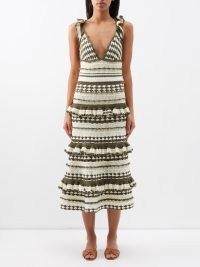ZIMMERMANN Green Devi striped cotton-crochet midi dress – khaki and white knitted dresses – plunge front neckline – women’s ruffle trimmed clothes – ruffle details