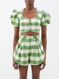 ROSIE ASSOULIN Gingham linen-blend cropped top in green and white / cropped puff sleeve check print tops / women’s checked summer fashion