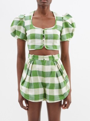 ROSIE ASSOULIN Gingham linen-blend cropped top in green and white / cropped puff sleeve check print tops / women’s checked summer fashion - flipped