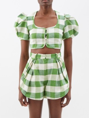 ROSIE ASSOULIN Gingham linen-blend cropped top in green and white / cropped puff sleeve check print tops / women’s checked summer fashion