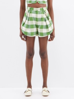 ROSIE ASSOULIN Gingham pleated linen-blend shorts / women’s green and white tailored short / checked summer clothes / womens check print fashion / curved hem - flipped