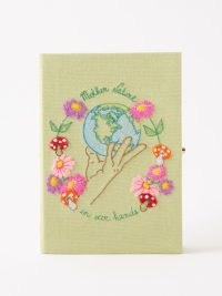 OLYMPIA LE-TAN Green Mother Nature embroidered book clutch bag – luxury floral occasion bags – slogan embroidery