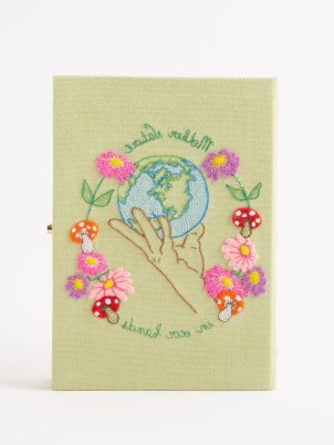 OLYMPIA LE-TAN Green Mother Nature embroidered book clutch bag – luxury floral occasion bags – slogan embroidery - flipped