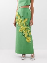 BERNADETTE Norma beaded cotton-blend maxi skirt ~ green floral bead embellished skirts ~ luxury summer occasion clothes