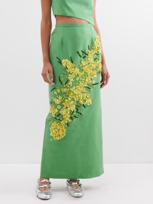 BERNADETTE Norma beaded cotton-blend maxi skirt ~ green floral bead embellished skirts ~ luxury summer occasion clothes - flipped