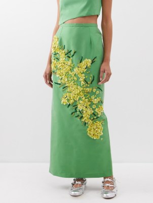 BERNADETTE Norma beaded cotton-blend maxi skirt ~ green floral bead embellished skirts ~ luxury summer occasion clothes