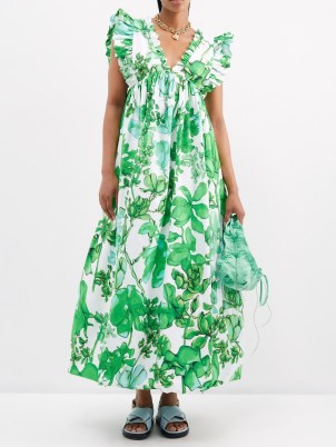 KIKA VARGAS Tatiana ruffled azalea-print poplin maxi dress in green – ruffle trim summer dresses – voluminous floral print fashion - flipped