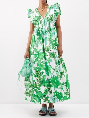 KIKA VARGAS Tatiana ruffled azalea-print poplin maxi dress in green – ruffle trim summer dresses – voluminous floral print fashion