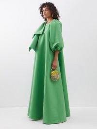 BERNADETTE Green Victoria bow-tie puff-sleeve taffeta gown – women’s voluminous gowns – maxi occasion dresses