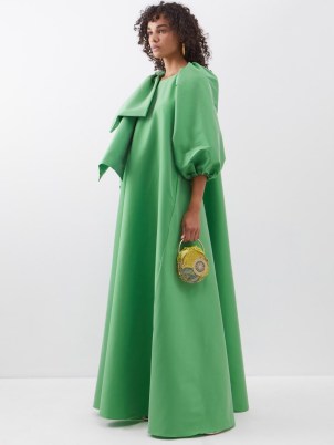 BERNADETTE Green Victoria bow-tie puff-sleeve taffeta gown – women’s voluminous gowns – maxi occasion dresses