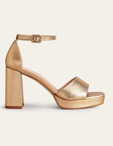 BODEN Heeled Platform Sandals Gold Leather – metallic ankle strap platforms – women’s retro look shoes – luxe block heels – 70s vintage style footwear - flipped