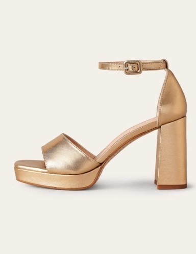 BODEN Heeled Platform Sandals Gold Leather – metallic ankle strap platforms – women’s retro look shoes – luxe block heels – 70s vintage style footwear