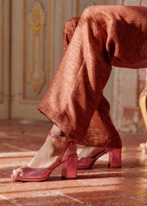 Sézane HIGH MAXINE SANDALS in Pink / shiny block heels / snake embossed metallic leather shoes