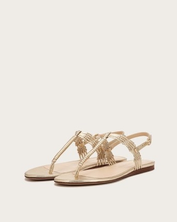 VERONICA BEARD SOLA BRAIDED-LEATHER FLAT SANDAL GOLD | strappy thonged flats | metallic sandals | luxe summer vacation shoes | laid-back luxury holiday footwear