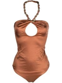 Isa Boulder reversible twist-detail swimsuit in rust brown – women’s ruched halterneck swimsuits – front cut out – halter neck swimwear