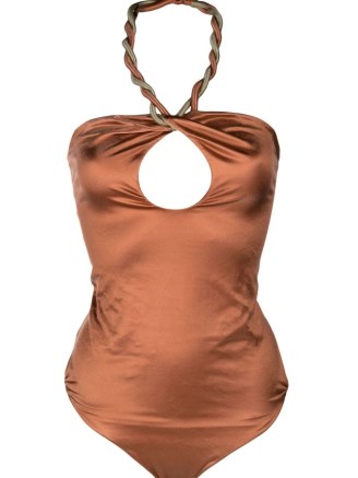 Isa Boulder reversible twist-detail swimsuit in rust brown – women’s ruched halterneck swimsuits – front cut out – halter neck swimwear - flipped