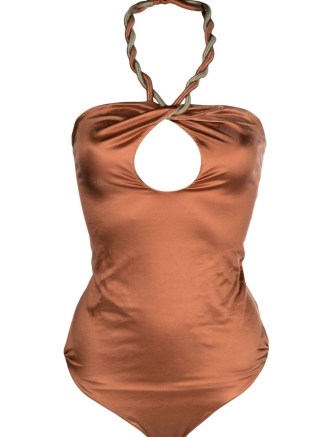 Isa Boulder reversible twist-detail swimsuit in rust brown – women’s ruched halterneck swimsuits – front cut out – halter neck swimwear