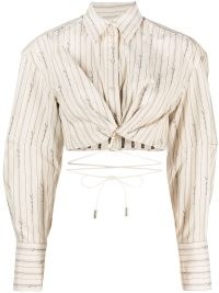 Jacquemus La chemise Plidao cropped cotton shirt light beige – women’s striped crop hem shirts – tie waist straps