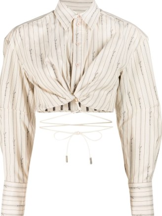 Jacquemus La chemise Plidao cropped cotton shirt light beige – women’s striped crop hem shirts – tie waist straps - flipped