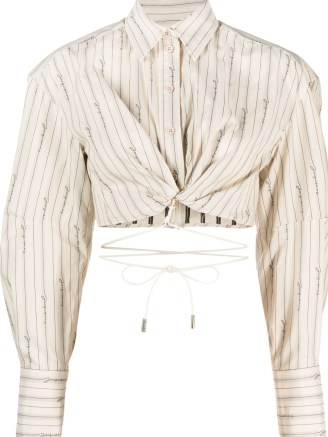 Jacquemus La chemise Plidao cropped cotton shirt light beige – women’s striped crop hem shirts – tie waist straps