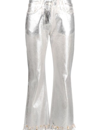 Jacquemus Le de Nîmes court Articha jeans in silver / women’s metallic finish jean / cropped bead embellished hem / womens organic cotton fashion / womens shiny clothes / high shine clothing