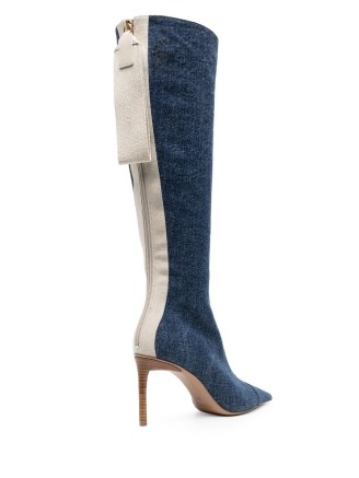 Jacquemus Les Bottes Cordao denim boots in blue/cream white ~ colour block stiletto heel boot ~ colourblock footwear ~ pointed toe ~ back zip fastening