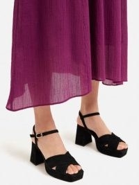 JIGSAW Hanna Platform Sandal in Black ~ strappy block heel square toe platforms ~ retro style footwear ~ women’s chunky vintage look shoes ~ womens 70s look fashion