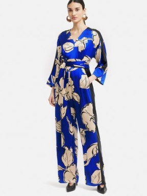 JIGSAW Leaf Outline Silk Jumpsuit in Blue ~ silky printed tie waist jumpsuits ~ chic party clothing ~ women’s luxury all-in-one ~ luxe occasion clothes ~ sophisticated event fashion ~ chic looks - flipped