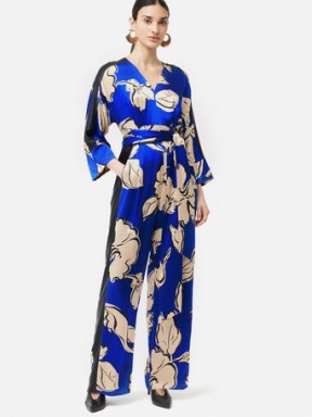 JIGSAW Leaf Outline Silk Jumpsuit in Blue ~ silky printed tie waist jumpsuits ~ chic party clothing ~ women’s luxury all-in-one ~ luxe occasion clothes ~ sophisticated event fashion ~ chic looks