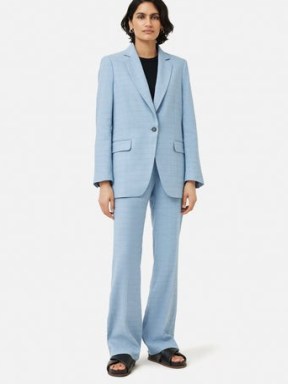 JIGSAW Knox Italian Linen Checked Blazer Blue / women’s single breasted check print blazers / womens longline summer jackets