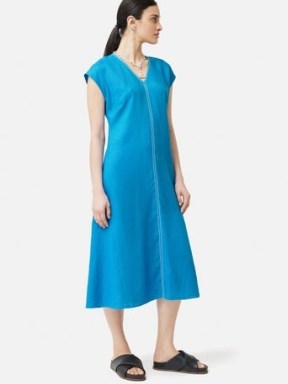 JIGSAW Bias Linen Midi Dress Blue / women’s minimalist short sleeve summer dresses - flipped