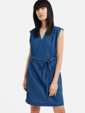 JIGSAW Seersucker Wrap Dress Blue – sleeveless striped tie waist dresses – casual summer clothes - flipped
