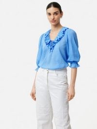 JIGSAW Cotton Crinkle Ruffle Top Blue – women’s frilled tops – ruffled trim blouses