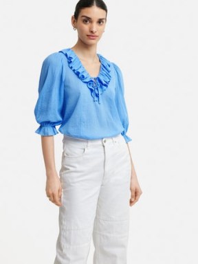 JIGSAW Cotton Crinkle Ruffle Top Blue – women’s frilled tops – ruffled trim blouses - flipped
